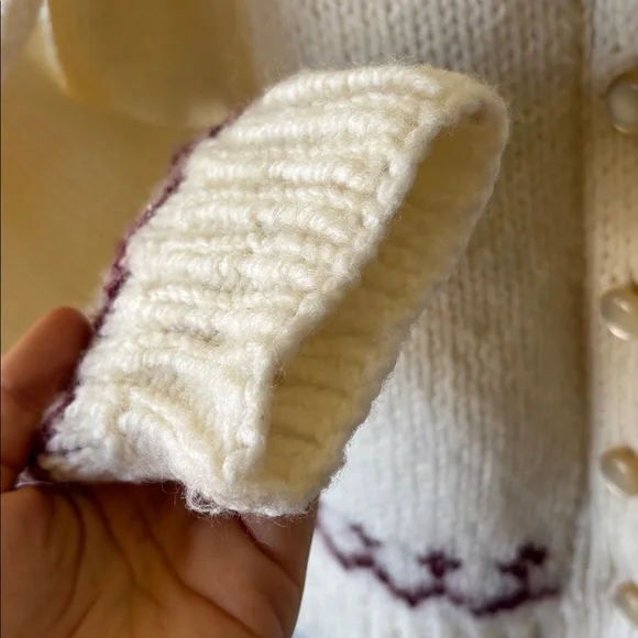 Handmade Fair Isle Cardigan Women’s Large Nordic Burgundy Ivory Knit Sweater - Picture 6 of 6